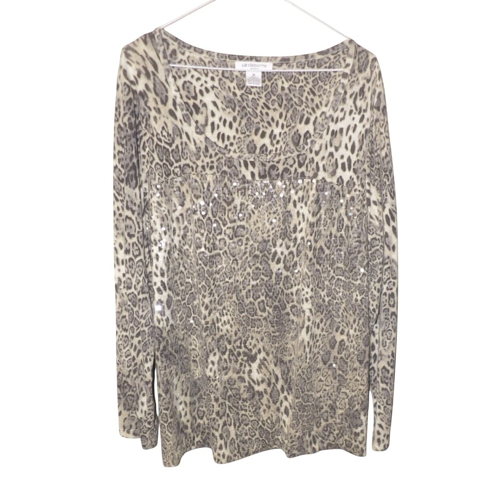Liz Claiborne Womens Grey Leopard Print Sequin Scoop Neck Long Sleeve Top 1X